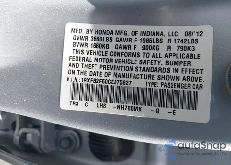 2012 Honda Civic Lx from USA, damaged, VIN 19XFB2F50CE375627